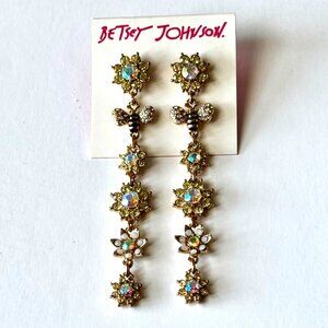 NEW Betsey Johnson Gold Bee Flower Crystal Long Dangle Earrings